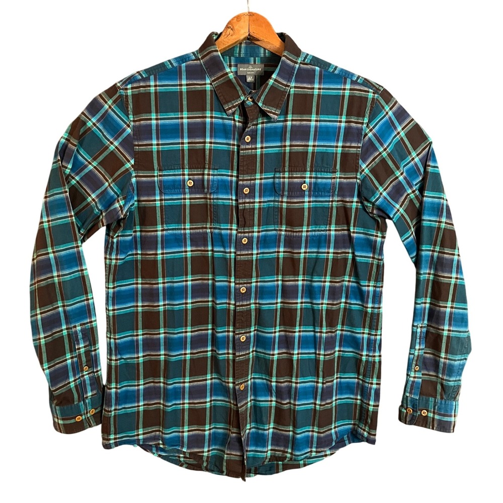 Bean Signature Slim Fit Plaid Button Down Shirt Long Sleeve Cotton Men Size LT